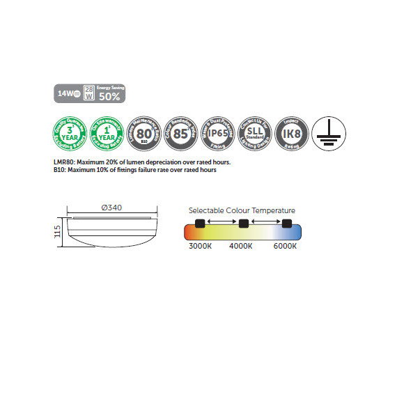 AQUA1 LED BULKHEAD 14W/CCT 3,4,6'K SENSOR ON/OFF/DIM 1100lm BELL