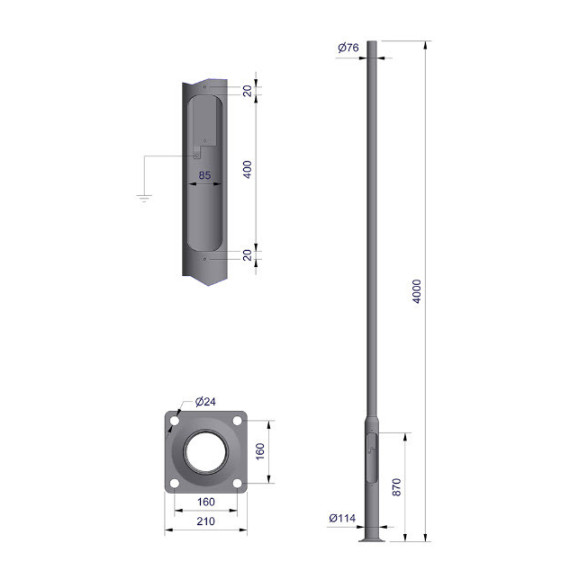 Parkmast 4 meter Ø76 med fotplate med mål